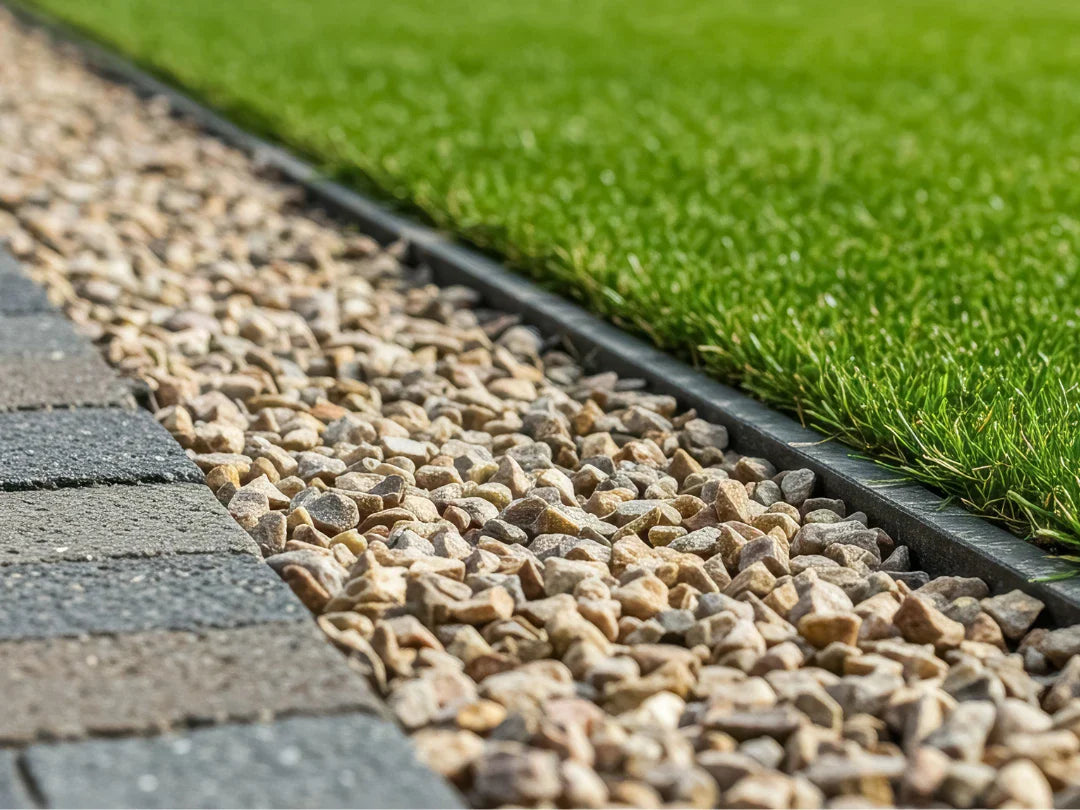Garden gravel path bordered by paving stones and lush green grass.