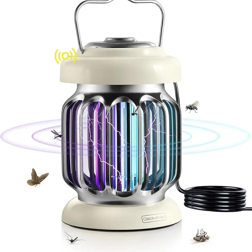 Electric insect zapper with UV light attracting flies and mosquitoes, featuring a coiled power cord and handle.