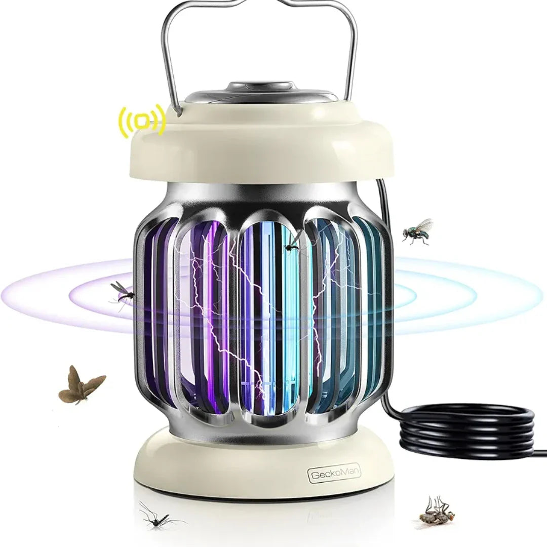 Electric insect zapper with UV light attracting flies and mosquitoes, featuring a coiled power cord and handle.