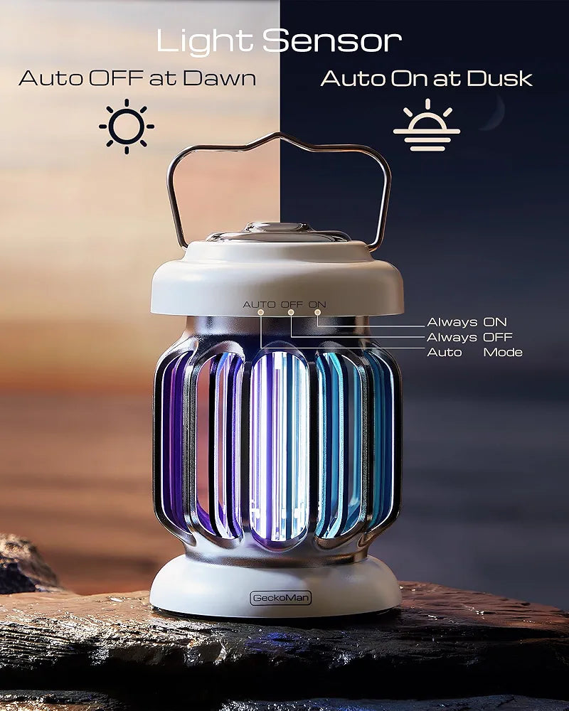 Outdoor lantern with light sensor, auto on at dusk, off at dawn, placed on stone surface, GeckoMan branding visible.