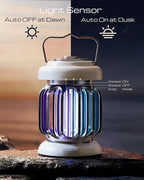 Outdoor lantern with light sensor, auto on at dusk, off at dawn, placed on stone surface, GeckoMan branding visible.