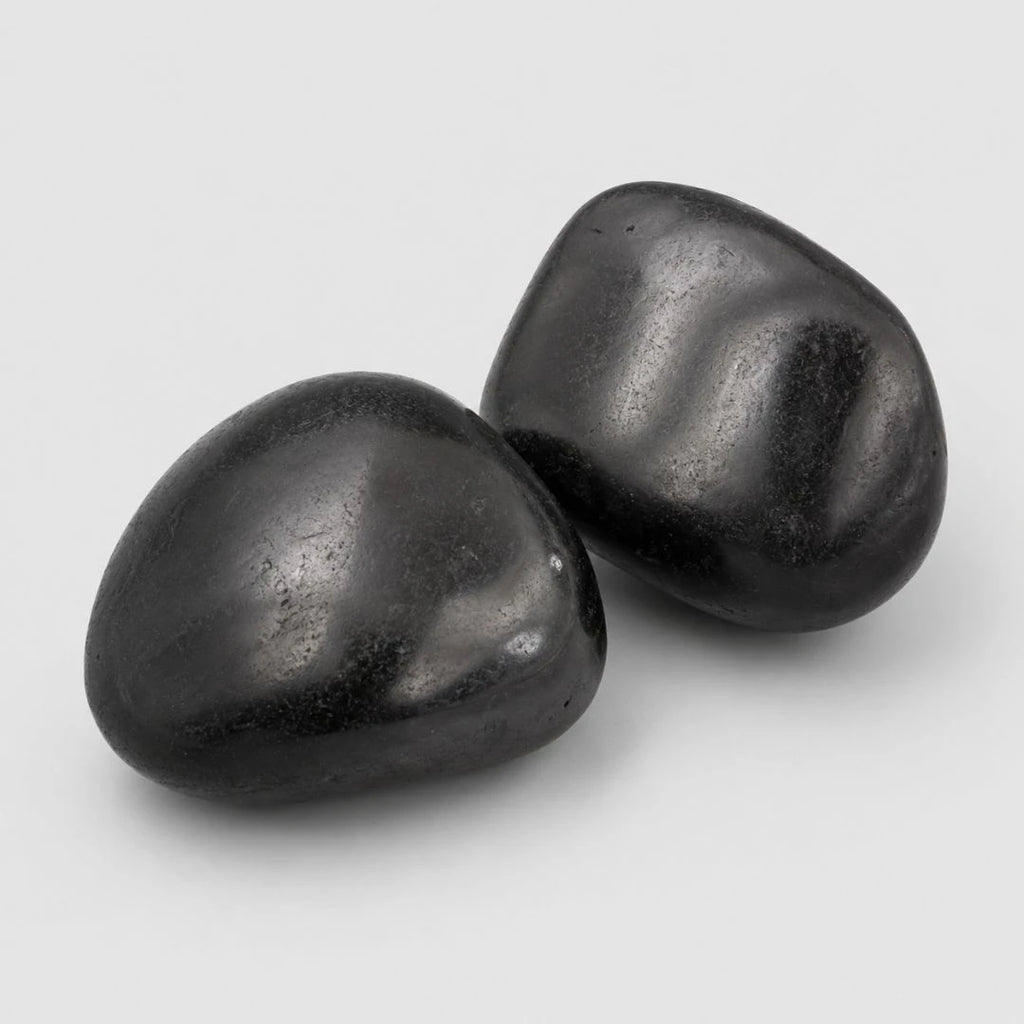 Two smooth, black high gloss pebbles, likely obsidian or jet, displayed on a light gray background.