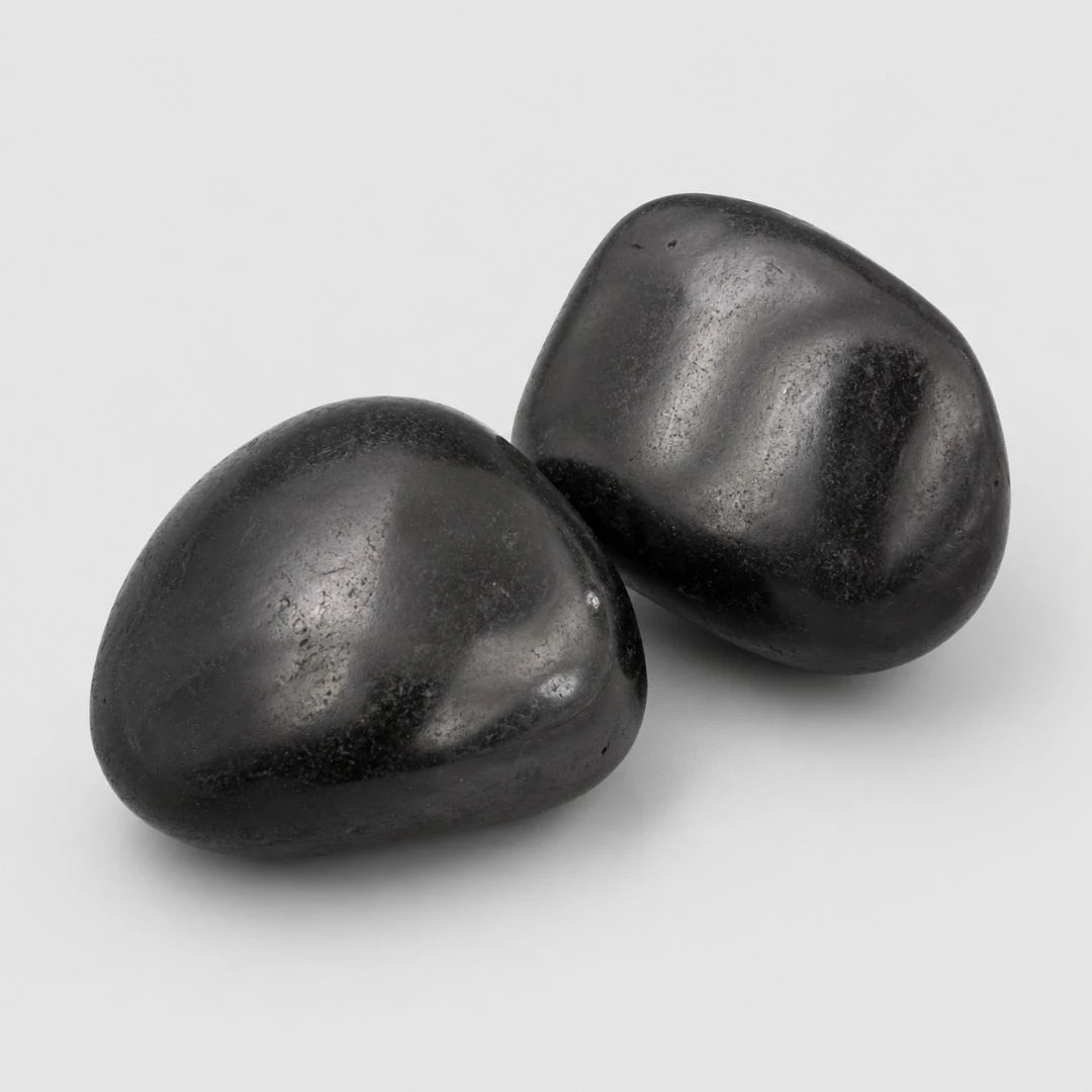 Two smooth, black high gloss pebbles, likely obsidian or jet, displayed on a light gray background.