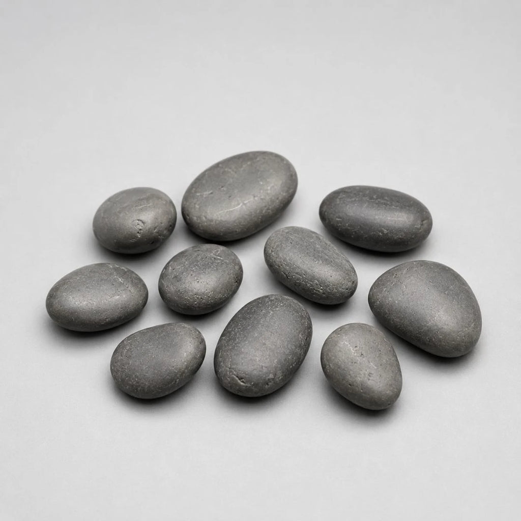 Nine smooth, polished black stones arranged in a loose cluster on a light gray background.