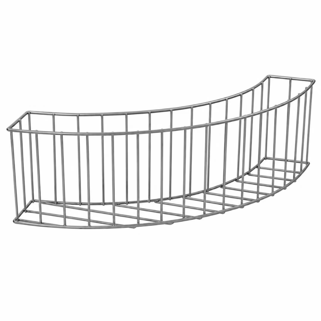 Curved metal gabion basket for garden landscaping and border design.