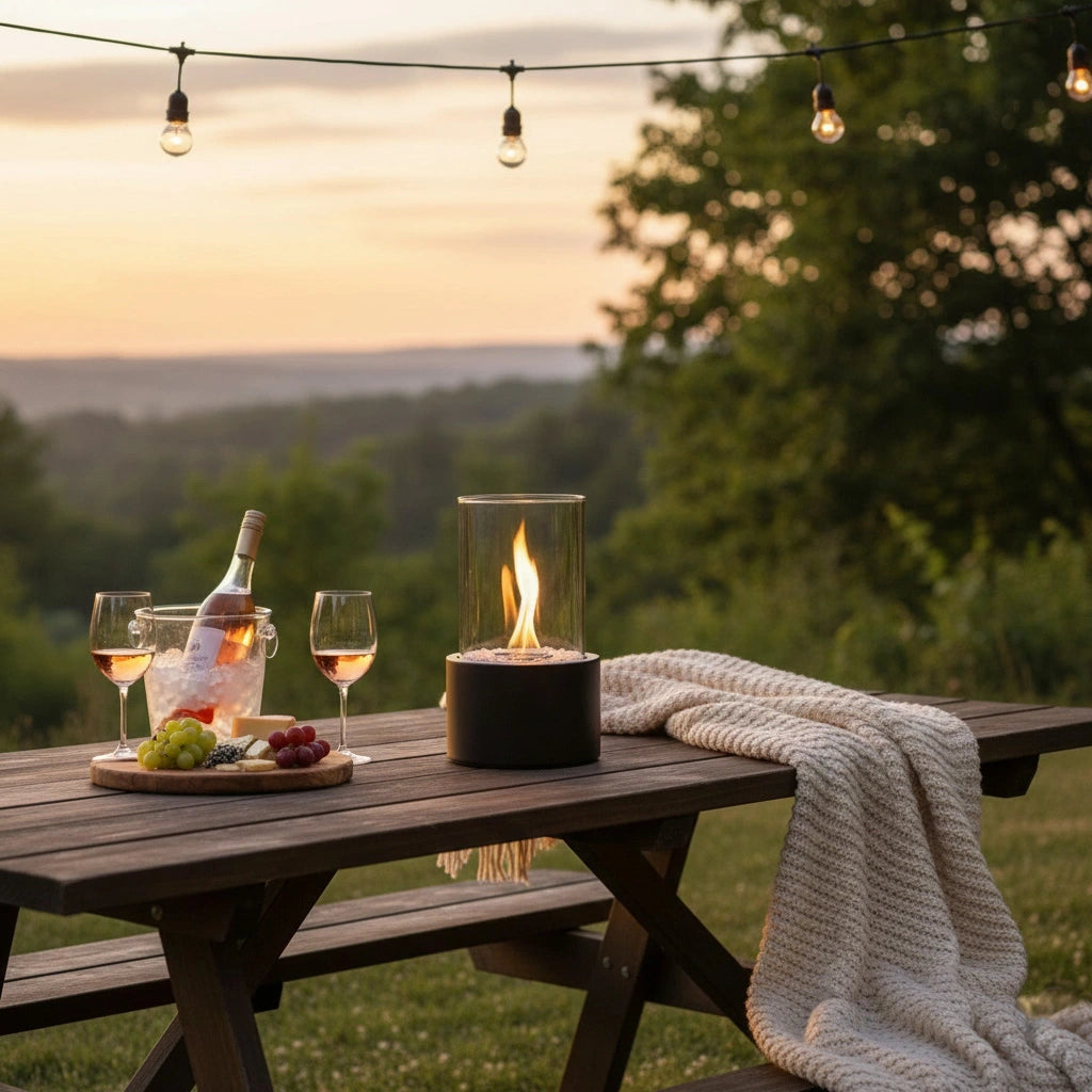 Outdoor picnic table with black tabletop fireplace, wine, glasses, cheese, grapes, and a blanket at sunset.