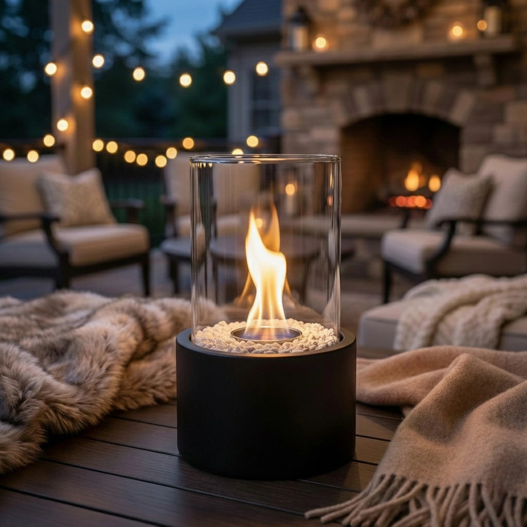 Black tabletop bioethanol fire pit with glass cylinder, set on a patio table, surrounded by cozy outdoor seating and lights.