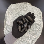 Black gloved hand holding glossy black pebbles on a large textured stone background.