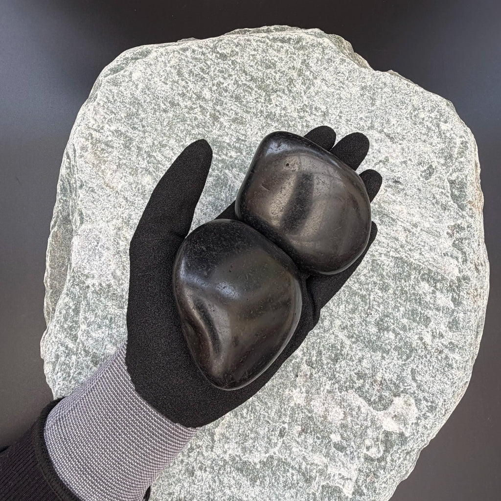 Gloved hand holding two large high-gloss polished black pebbles on a large textured stone background.