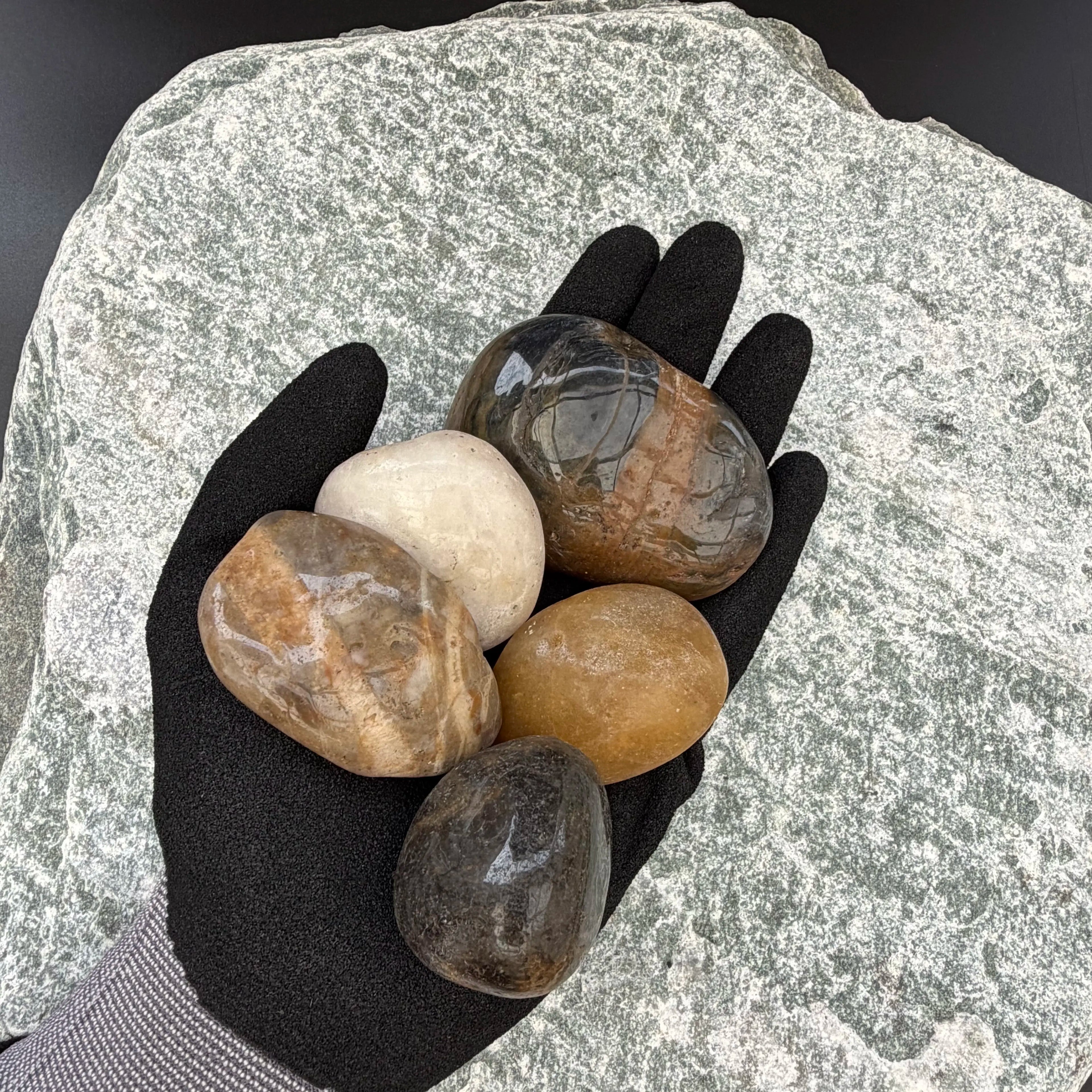 Hand in black glove holding five glossy multicolored pebbles on a textured stone surface.