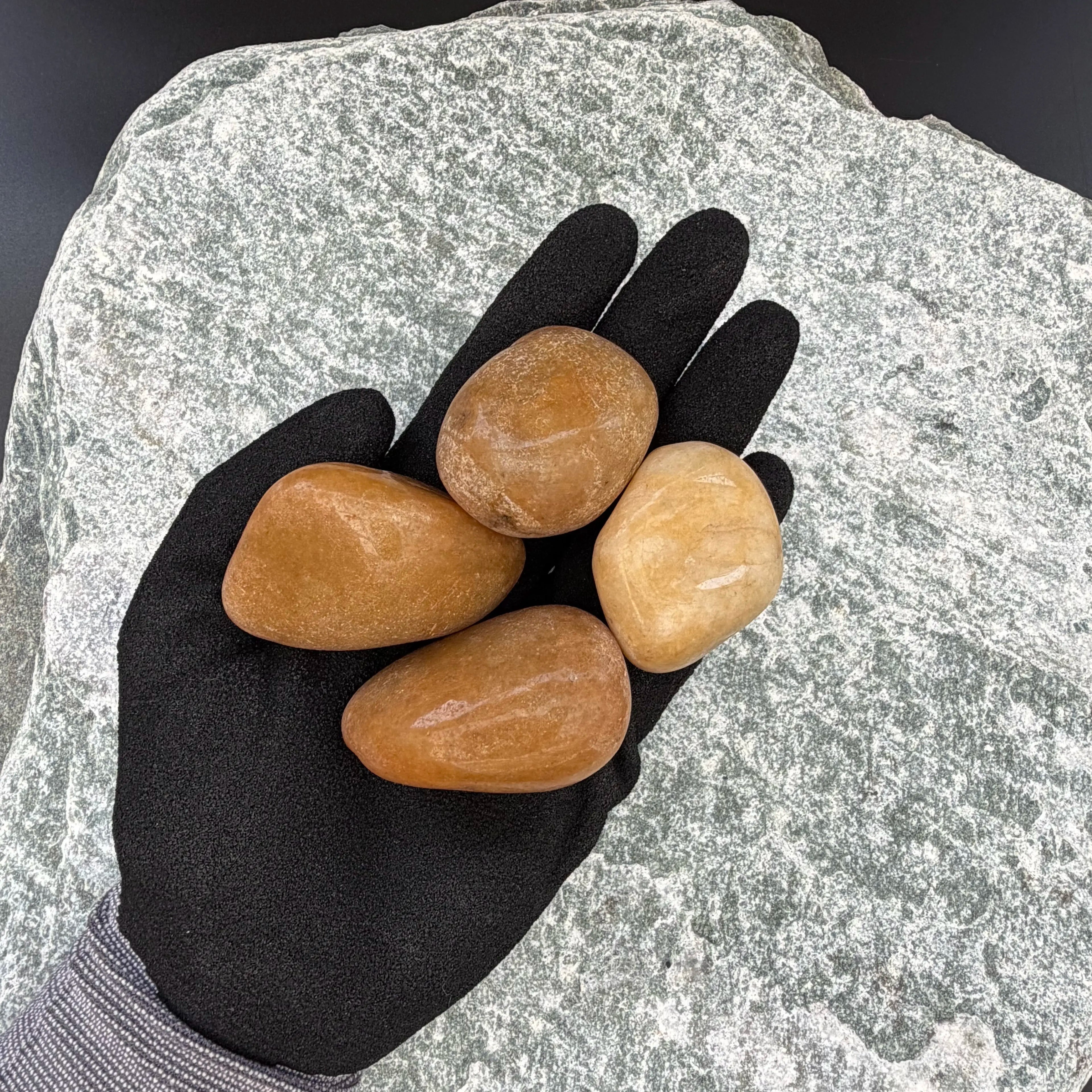 Gloved hand holding four smooth, yellow pebbles on a textured stone background.