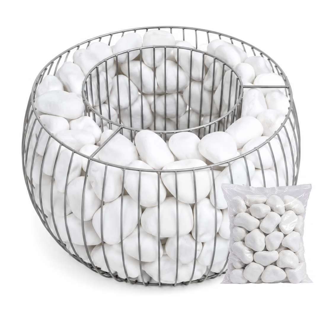 Round gabion planter basket filled with white stones, accompanied by a 20kg bag of similar stones.