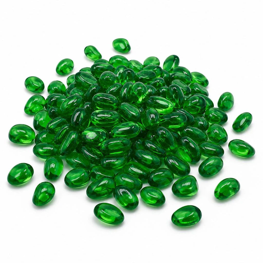Pile of glossy green glass pebbles on a white background.