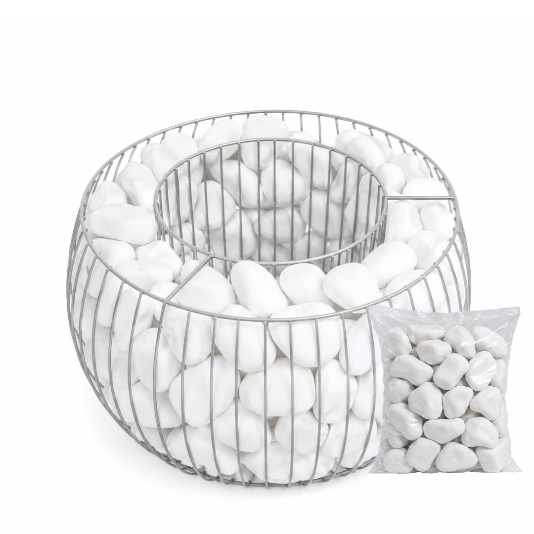 Medium round gabion planter basket filled with white stones, accompanied by a bag of similar stones.
