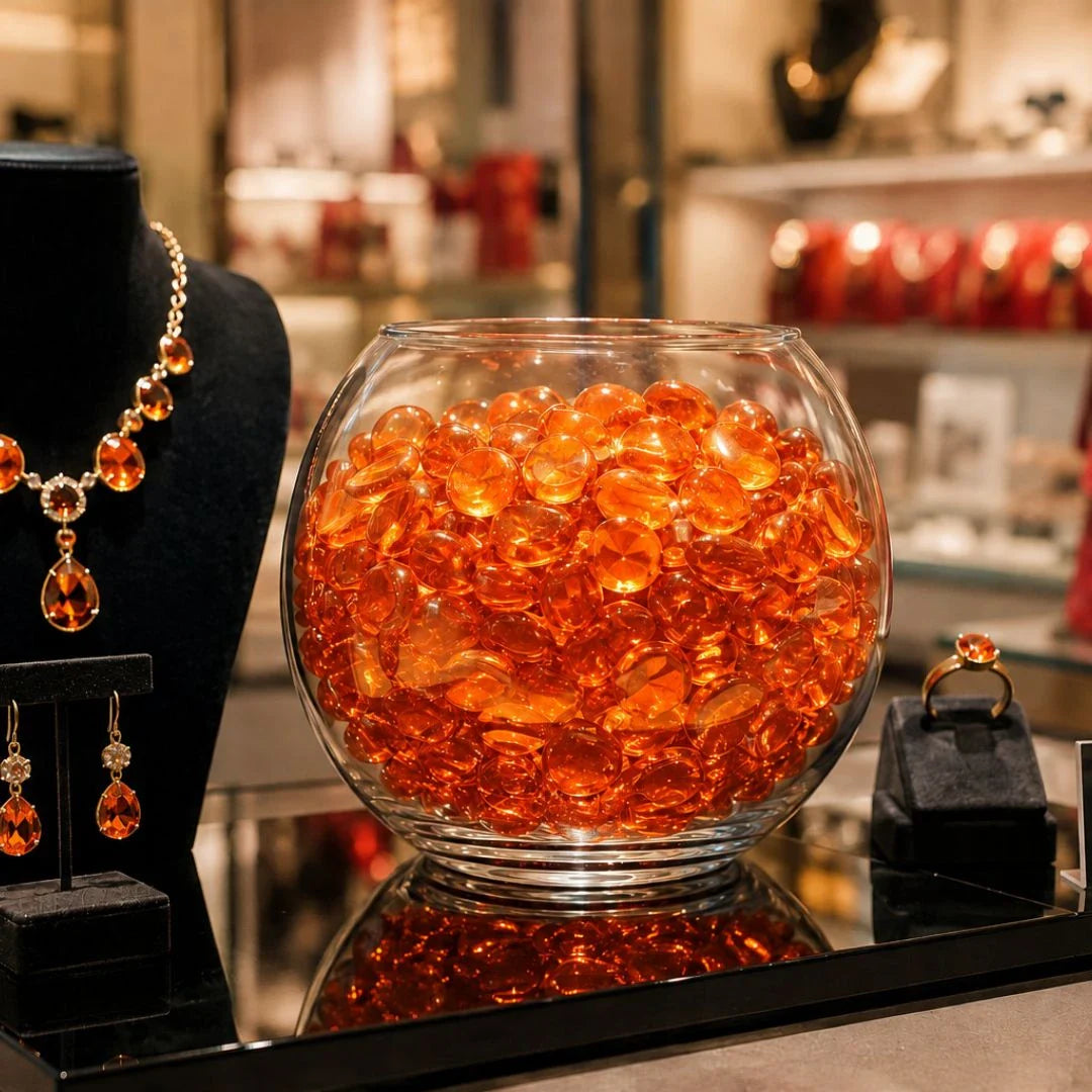 Glass vase filled with orange decorative glass stones, displayed with matching jewelry on a reflective surface.