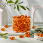 Orange glass stones in a clear vase on a table with green leaves and white decor.