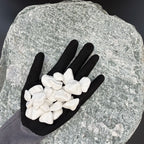 Black-gloved hand holding a small, smooth snow white thassos marble pebble on a textured stone background.