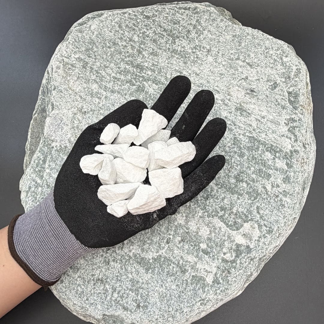 Black-gloved hand holding white gravel stones on a large textured rock surface.