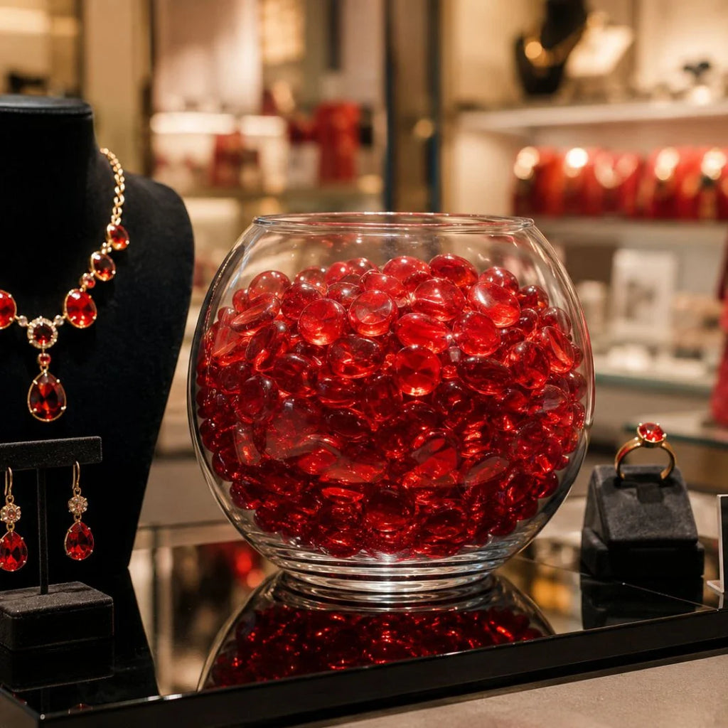 Glass vase filled with red decorative stones, displayed alongside red gemstone jewelry on a reflective surface.
