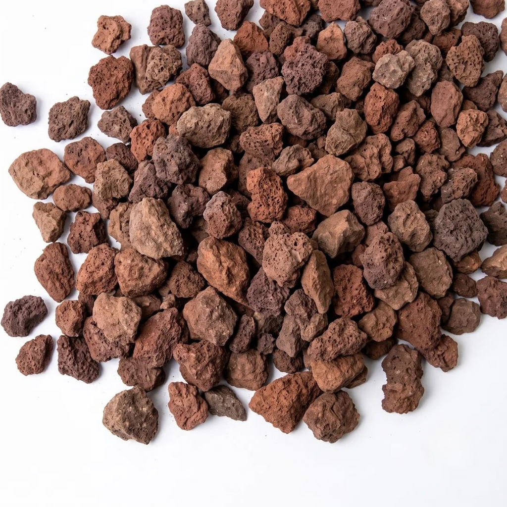 Red lava volcanic gravel rocks 10-20mm, assorted earthy tones, scattered on white background.