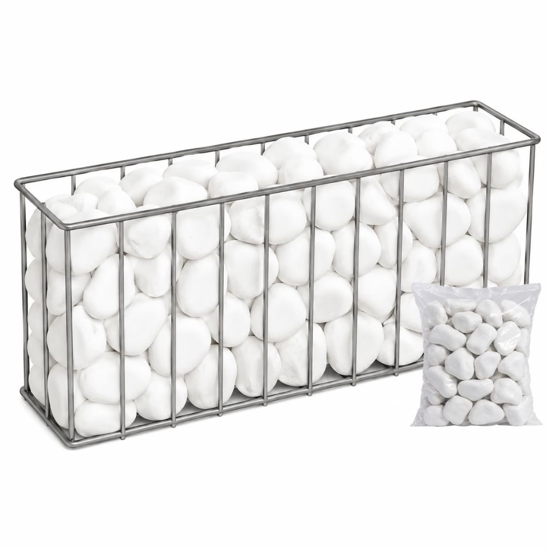 Straight gabion basket filled with white garden stones, accompanied by a bag of additional stones.