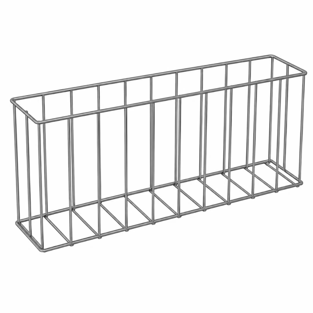 Straight metal gabion basket for garden landscaping, rectangular shape with vertical wire grid design.