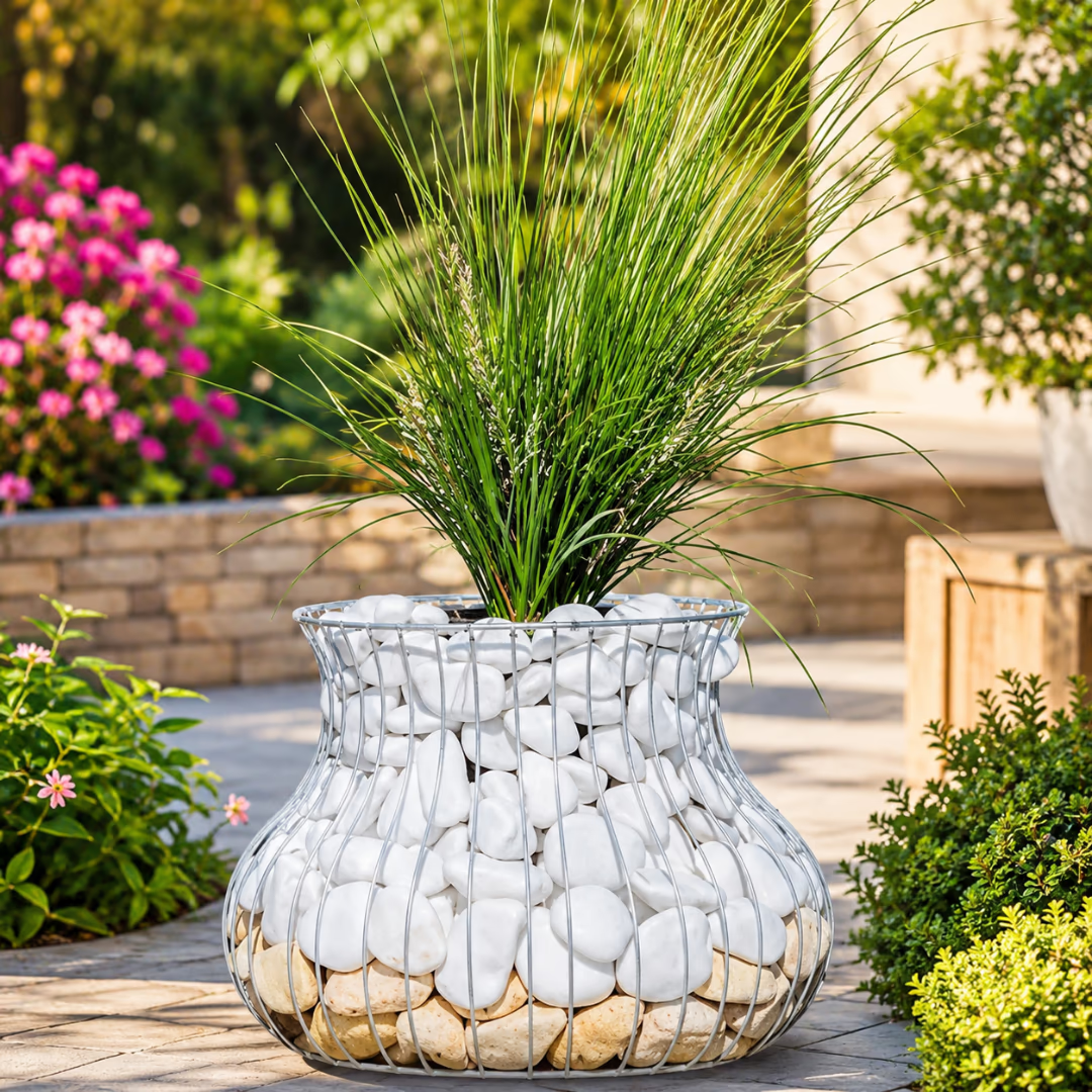 York Gabion Planter Basket filled with white stones, lush green plant, and vibrant garden background.